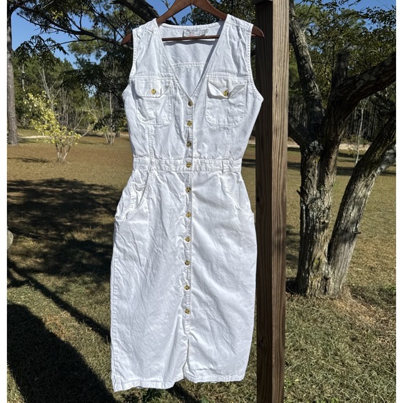 Vintage Carolina Bay White Denim Dress Women (Fits Medium)  Sleeveless Midi - Picture 1 of 10
